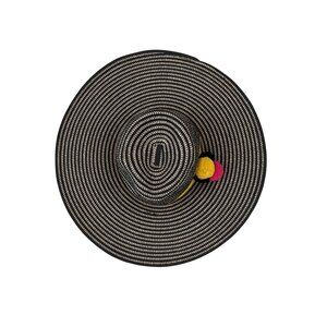 Shiraleah "Belize" Striped Black & Beige Sun Hat With Yellow Band & Pom-Poms